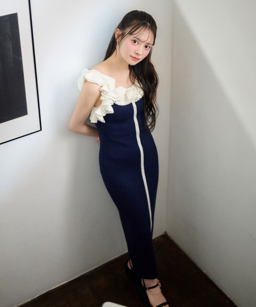 rienda(リエンダ)の「【AKB48 伊藤百花さん着用】フリルディテールタイトニットワンピース 夏服(ワンピース・レディース・ブラック/パープル/ネイビー・FREE)」の1枚目の写真