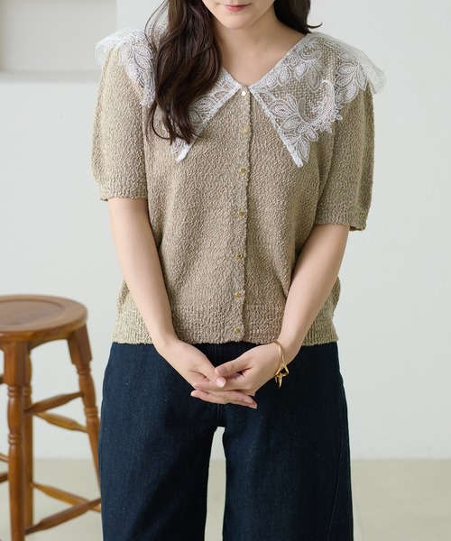 apres jour clair（アプレジュールクレア）の「【apres jour clair】レース襟カーディガン（Tシャツ/カットソー・レディース・クリーム/ネイビー/グレイッシュベージュ・フリー/X-LARGE）」の3枚目の写真