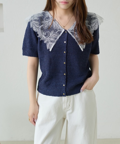 apres jour clair（アプレジュールクレア）の「【apres jour clair】レース襟カーディガン（Tシャツ/カットソー・レディース・クリーム/ネイビー/グレイッシュベージュ・フリー/X-LARGE）」の6枚目の写真