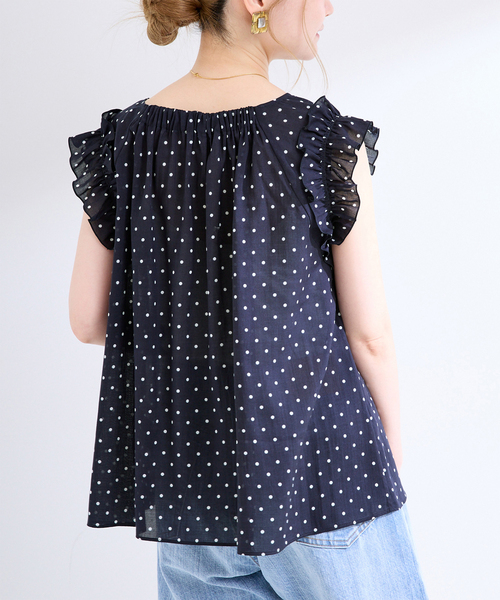 【vintage】希少90sフランス製ドット柄シアー生地フリルひざ丈スカート セール】手洗い可 / シアードットフレンチフリルトップス（シャツ