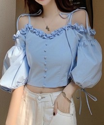 ショルダーストラップリボンフリルパフスリーブトップス