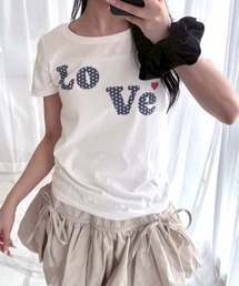 ドットいっぱいハートプリントショート丈半袖Tシャツ