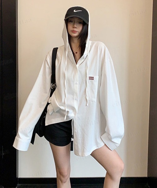 Dalfwin(ダールフィン)の「韓国ファッション OISIS刺繍ロゴ入りフード付き長袖シャツ(Tシャツ/カットソー・レディース・ホワイト/グレー・FREE)」の5枚目の写真