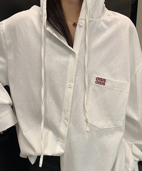 Dalfwin(ダールフィン)の「韓国ファッション OISIS刺繍ロゴ入りフード付き長袖シャツ(Tシャツ/カットソー・レディース・ホワイト/グレー・FREE)」の11枚目の写真
