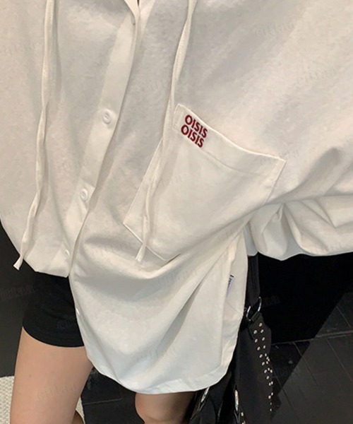 Dalfwin(ダールフィン)の「韓国ファッション OISIS刺繍ロゴ入りフード付き長袖シャツ(Tシャツ/カットソー・レディース・ホワイト/グレー・FREE)」の12枚目の写真