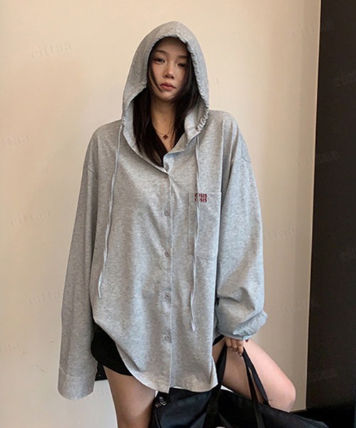 Dalfwin(ダールフィン)の「韓国ファッション OISIS刺繍ロゴ入りフード付き長袖シャツ(Tシャツ/カットソー・レディース・ホワイト/グレー・FREE)」の14枚目の写真