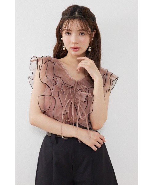 rienda（リエンダ）の「フリルシアーブラウス 夏服　秋服（シャツ/ブラウス・レディース・ブラック/ホワイト系その他/マルチ/ベージュ・FREE）」の4枚目の写真