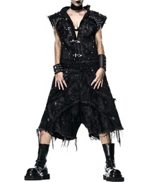 RICH（リッチ）の「【RICH】VAMP BLACK WAXED SHORT / 【RICH】ワックスコーティングアイレットダブルウエストダメージハーフパンツ（デニムパンツ）」