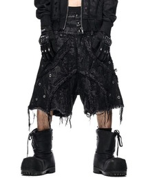RICH（リッチ）の「【RICH】VAMP BLACK WAXED SHORT / 【RICH】ワックスコーティングアイレットダブルウエストダメージハーフパンツ（デニムパンツ）」