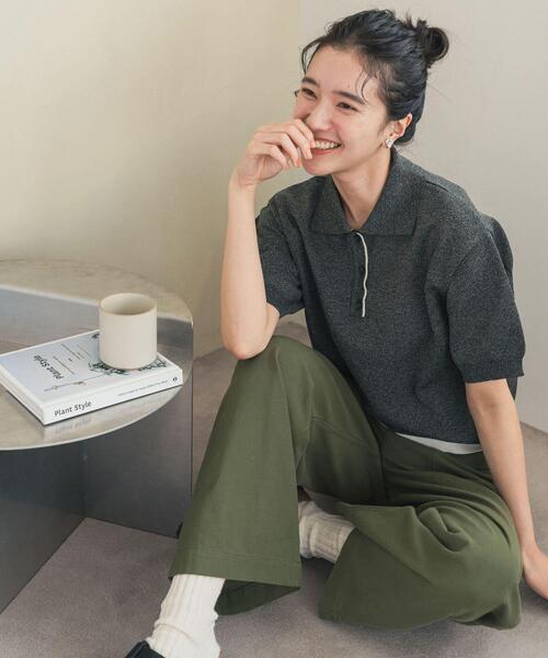 URBAN RESEARCH DOORS（アーバンリサーチドアーズ）の「『一部WEB限定カラー』配色ニットポロシャツ | サマーニット/半袖ニット/ポロニット/カジュアル（ポロシャツ・レディース・チャコールグレー/ベージュ/ネイビー/ブラウン・FREE）」の5枚目の写真