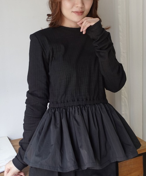 CORNERS(コーナーズ)の「異素材ペプラムトップス(Tシャツ/カットソー・レディース・ブラック・M)」の3枚目の写真