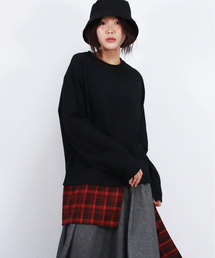 Layered Checkered Wrap Long Sleeve T-shirt  Black