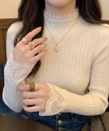 レースネックリブニット