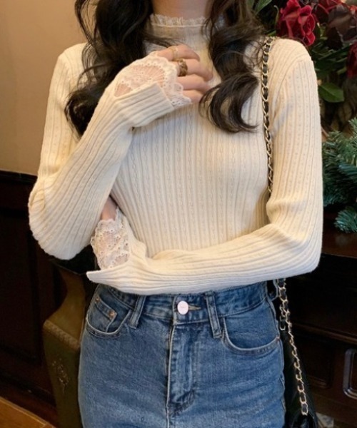 HAILY(ヘイリー)の「レースネックリブニット(ニット/セーター・レディース・アイボリー/ブラック/ホワイト・FREE)」の16枚目の写真