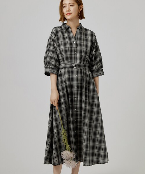 grove(グローブ)の「チェック柄ベルト付シャツワンピース(ワンピース・レディース・ブラック/ブラック系1/ブラウン系2・01/04/05/02/03)」の2枚目の写真