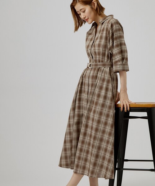 grove(グローブ)の「チェック柄ベルト付シャツワンピース(ワンピース・レディース・ブラック/ブラック系1/ブラウン系2・01/04/05/02/03)」の3枚目の写真