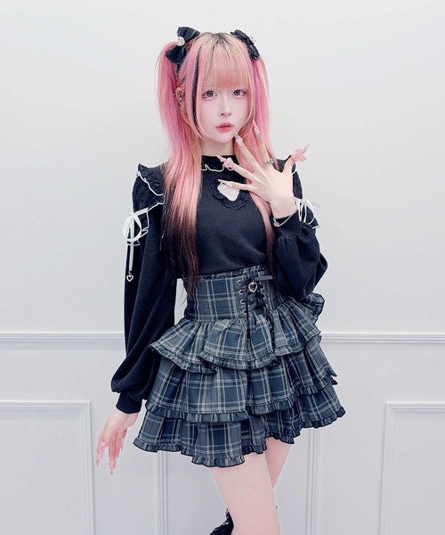 MA*RS(アメーバーマーズ)の「袖レースハートくり抜きフリルテレコトップス(Tシャツ/カットソー・レディース・ピンク/ブラック/ホワイト・FREE)」の8枚目の写真