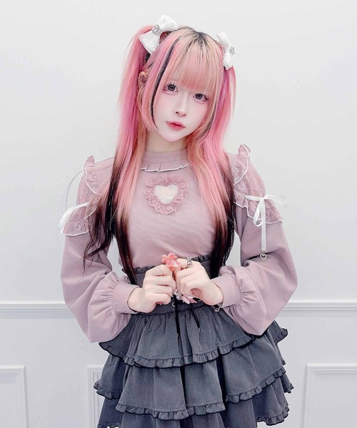 MA*RS(アメーバーマーズ)の「袖レースハートくり抜きフリルテレコトップス(Tシャツ/カットソー・レディース・ピンク/ブラック/ホワイト・FREE)」の12枚目の写真