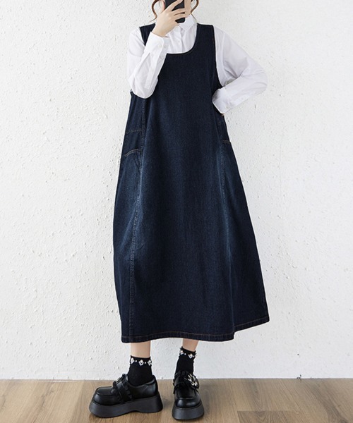 ReRe（リリ）の「デニムジャンパースカート（ジャンパースカート・レディース・ブラック/ブルー・LARGE/X-LARGE）」の4枚目の写真