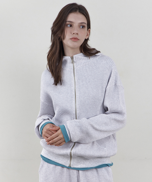WEDNESDAYOASISFORWOMEN(ウェンズデー オアシス フォー ウーマン)の「ワッフルハイネックフードジップアップ_WHITE MELANGE(WB6OT14)(パーカー・レディース・ホワイト×グレー・FREE)」の1枚目の写真