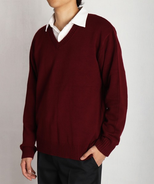 WEB限定 Vネックコットンニットセーター/スクールセーター