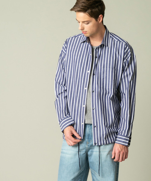 London Denim(ロンドンデニム)の「コットン ブロード フロント ドットボタン ストライプ コーチ シャツ(シャツ/ブラウス)」|ブルー