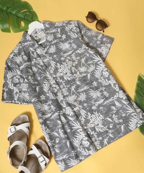 Salong hameu（サロン ハミュー）の「花柄ボタニカル総柄 コットンアロハシャツ メンズ レディース/半袖オープンカラーシャツ（シャツ/ブラウス・メンズ・ホワイト/ライトブルー/レッド/イエロー/ブルー/エメラルド/サンドベージュ/ブラックミックス/ホワイト×レッド/ホワイト×ブルー/ホワイト×ブラック/レッド系その他/ライトピンク/ホワイト×エメラルドグリーン/ホワイト×ピンク/グレイッシュブルー/イエロー×グリーン/ダークネイビー/グリーン×オレンジ/スミクロ/ブラック・LL/S/M/L）」の9枚目の写真