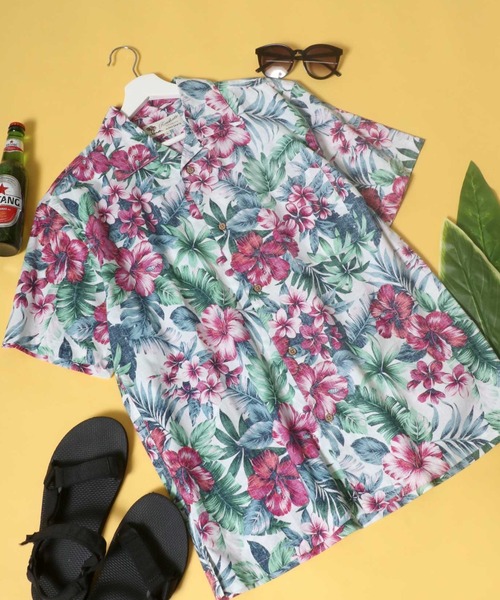 Salong hameu（サロン ハミュー）の「花柄ボタニカル総柄 コットンアロハシャツ メンズ レディース/半袖オープンカラーシャツ（シャツ/ブラウス・メンズ・ホワイト/ライトブルー/レッド/イエロー/ブルー/エメラルド/サンドベージュ/ブラックミックス/ホワイト×レッド/ホワイト×ブルー/ホワイト×ブラック/レッド系その他/ライトピンク/ホワイト×エメラルドグリーン/ホワイト×ピンク/グレイッシュブルー/イエロー×グリーン/ダークネイビー/グリーン×オレンジ/スミクロ/ブラック・LL/S/M/L）」の7枚目の写真