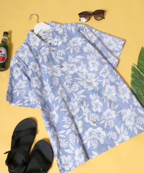 Salong hameu（サロン ハミュー）の「花柄ボタニカル総柄 コットンアロハシャツ メンズ レディース/半袖オープンカラーシャツ（シャツ/ブラウス・メンズ・ホワイト/ライトブルー/レッド/イエロー/ブルー/エメラルド/サンドベージュ/ブラックミックス/ホワイト×レッド/ホワイト×ブルー/ホワイト×ブラック/レッド系その他/ライトピンク/ホワイト×エメラルドグリーン/ホワイト×ピンク/グレイッシュブルー/イエロー×グリーン/ダークネイビー/グリーン×オレンジ/スミクロ/ブラック・LL/S/M/L）」の13枚目の写真