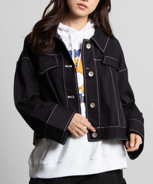 WEGO（ウィゴー）の「WEGO/ワイドスリーブ配色ステッチジャケット（デニムジャケット・レディース・ブラック/ベージュ・FREE）」の2枚目の写真