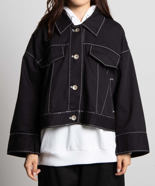 WEGO（ウィゴー）の「WEGO/ワイドスリーブ配色ステッチジャケット（デニムジャケット・レディース・ブラック/ベージュ・FREE）」の9枚目の写真