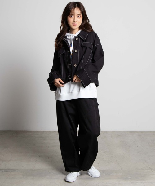 WEGO（ウィゴー）の「WEGO/ワイドスリーブ配色ステッチジャケット（デニムジャケット・レディース・ブラック/ベージュ・FREE）」の3枚目の写真