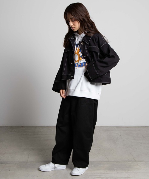 WEGO（ウィゴー）の「WEGO/ワイドスリーブ配色ステッチジャケット（デニムジャケット・レディース・ブラック/ベージュ・FREE）」の4枚目の写真