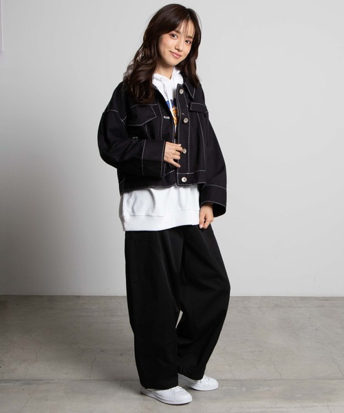 WEGO（ウィゴー）の「WEGO/ワイドスリーブ配色ステッチジャケット（デニムジャケット・レディース・ブラック/ベージュ・FREE）」の5枚目の写真