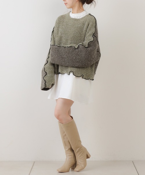 Chico（チコ）の「配色メロールーズニット/パッチワークニット（ニット/セーター・レディース・チャコールグレー/カーキ/ライトベージュ/ベージュ・FREE）」の18枚目の写真