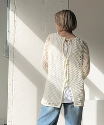 透かし編みバックリボンプルオーバー