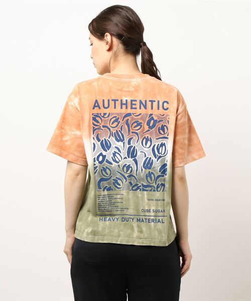 CUBE SUGAR（キューブシュガー）の「ハンドダイイング天竺 ツートーン染め Tシャツ（Tシャツ/カットソー・レディース・オレンジ/グレー/グリーン・M）」の5枚目の写真