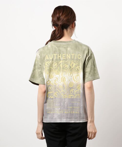 CUBE SUGAR（キューブシュガー）の「ハンドダイイング天竺 ツートーン染め Tシャツ（Tシャツ/カットソー・レディース・オレンジ/グレー/グリーン・M）」の7枚目の写真