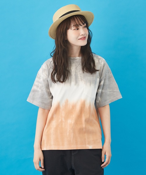 CUBE SUGAR（キューブシュガー）の「ハンドダイイング天竺 ツートーン染め Tシャツ（Tシャツ/カットソー・レディース・オレンジ/グレー/グリーン・M）」の8枚目の写真