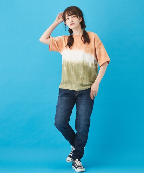 CUBE SUGAR（キューブシュガー）の「ハンドダイイング天竺 ツートーン染め Tシャツ（Tシャツ/カットソー・レディース・オレンジ/グレー/グリーン・M）」の21枚目の写真