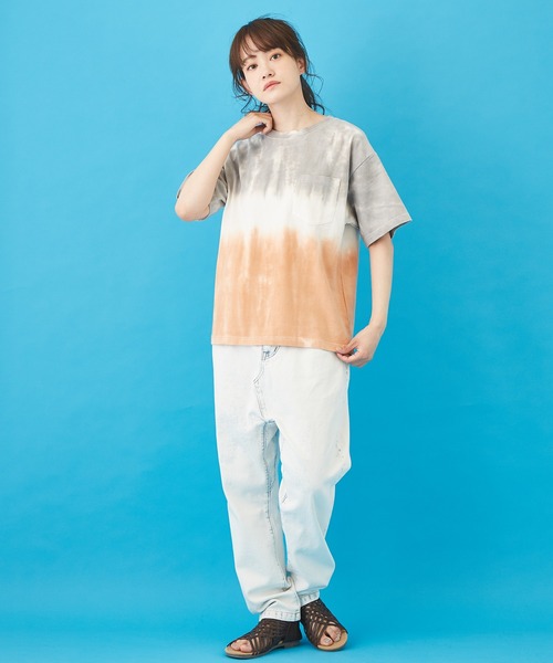 CUBE SUGAR（キューブシュガー）の「ハンドダイイング天竺 ツートーン染め Tシャツ（Tシャツ/カットソー・レディース・オレンジ/グレー/グリーン・M）」の9枚目の写真
