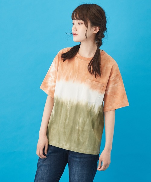CUBE SUGAR（キューブシュガー）の「ハンドダイイング天竺 ツートーン染め Tシャツ（Tシャツ/カットソー・レディース・オレンジ/グレー/グリーン・M）」の20枚目の写真