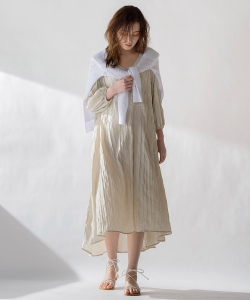 socolla（ソコラ）の「【socolla】7分袖ワッシャープリーツワンピース（ワンピース・レディース・ベージュ/オレンジ/グリーン・S/M）」の13枚目の写真