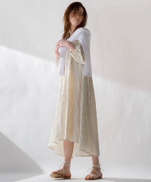 socolla（ソコラ）の「【socolla】7分袖ワッシャープリーツワンピース（ワンピース・レディース・ベージュ/オレンジ/グリーン・S/M）」の14枚目の写真