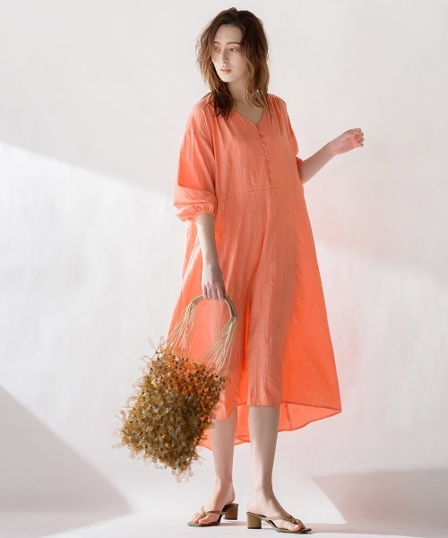 socolla（ソコラ）の「【socolla】7分袖ワッシャープリーツワンピース（ワンピース・レディース・ベージュ/オレンジ/グリーン・S/M）」の21枚目の写真