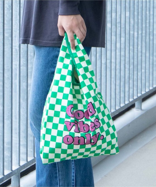 WEGO(ウィゴー)の「WEGO/チェッカーロゴマルシェバッグ(トートバッグ・レディース・ブラック/オレンジ/グリーン/パープル系その他・FREE)」の3枚目の写真