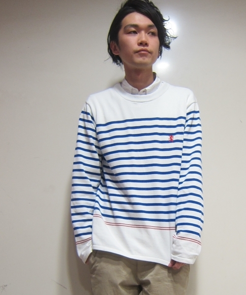 GIORDANO（ジョルダーノ）の「[GIORDANO]ライオン刺繍パネルボーダーハイゲージニット（ニット/セーター・メンズ・ホワイト/ネイビー/レッド・MEDIUM/LARGE）」の2枚目の写真