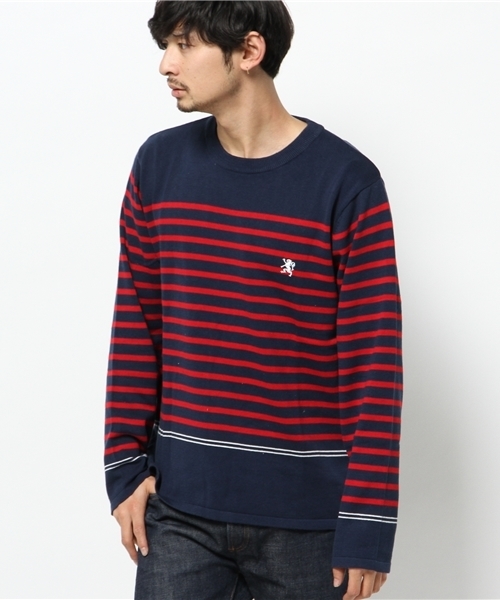 GIORDANO（ジョルダーノ）の「[GIORDANO]ライオン刺繍パネルボーダーハイゲージニット（ニット/セーター・メンズ・ホワイト/ネイビー/レッド・MEDIUM/LARGE）」の3枚目の写真