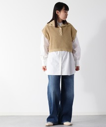 ハイネックショートニットベスト+バンドカラーシャツ アンサンブル