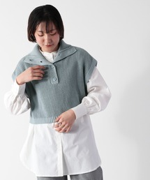 ハイネックショートニットベスト+バンドカラーシャツ アンサンブル